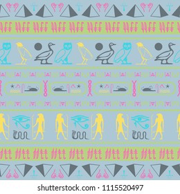 Colorful egypt writing seamless background. Hieroglyphic egyptian language symbols origami. Repeating ethnical fashion backdrop for marketing purpouses.