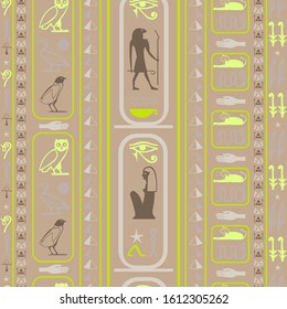 Colorful egypt writing seamless background. Hieroglyphic egyptian language symbols template. Repeating ethnical fashion pattern for advertising.