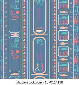 Colorful egypt writing seamless background. Hieroglyphic egyptian language symbols grid. Repeating ethnical fashion pattern for marketing purpouses.