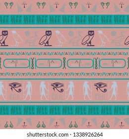 Colorful egypt writing seamless pattern. Hieroglyphic egyptian language symbols origami. Repeating ethnical fashion vector for wallpaper.