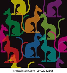Colorful egyptian cats shape silhouette sitting. Bright vector illustration. Seamless pattern.