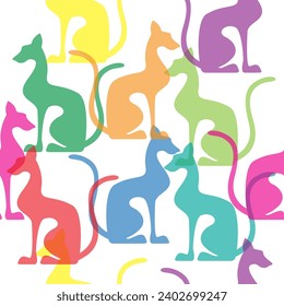 Colorful egyptian cats shape silhouette sitting. Bright vector illustration. Seamless pattern.