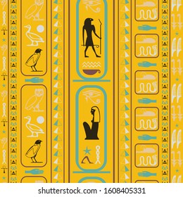 Colorful egyptian motifs seamless background. Ethnic hieroglyph symbols texture. Repeating ethnical fashion pattern for textile.