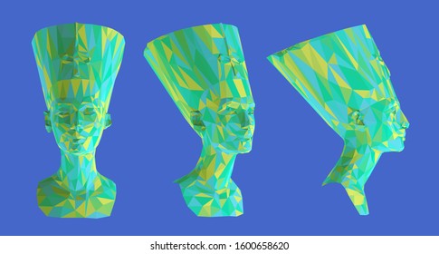 Colorful Egyptian Queen Nefertiti. Set of Playful Vibrant Cleopatra Sculptures on Isolated Background. Low Poly Vector 3D Rendering