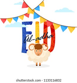 Colorful Eid Al Adha text with bunting flag decoration on white background with sheep illustration for Muslim Festival celebration can be used as greeting card.