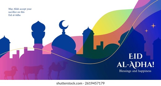 Colorful Eid al-Adha greeting card with mosque silhouettes, crescent moon, stars, animals, and abstract waves. Muslim holiday celebration with blessings and happiness wishes.