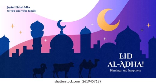 Colorful Eid al-Adha greeting card with mosque silhouettes, crescent moon, stars, animals and abstract gradient waves. Muslim holiday with blessings and wishes for happiness.