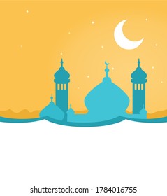 Colorful Eid greeting card design template with blue mosque. Silhouette of an Arabian city skyline with a mosque, minarets and crescent moon against a sunset sky. Blank invitation card design.