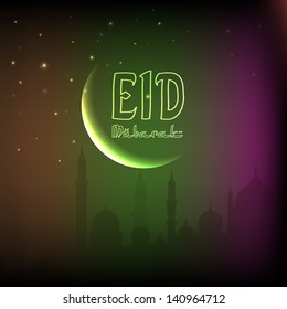 Colorful Eid Mubarak background with shiny moon and mosque.