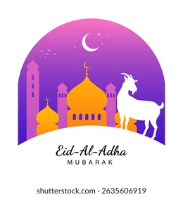 Colorful Eid Mubarak card with Mosque and goat. Eid al Adah Mubarak background vector illustration. Islamic celebration design ideal for greeting card, poster, holiday cover