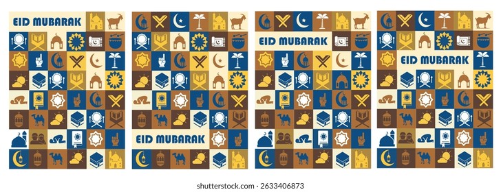 Colorful Eid Mubarak cards or posters set with Islamic icons, mosque, crescent moon, prayer, goat, Kaaba, drum, and stars. Perfect for Eid ul Adha greeting card, banner, flyer, or social media design.