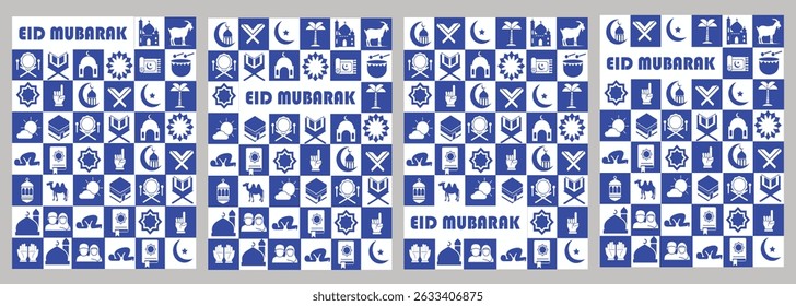 Colorful Eid Mubarak cards or posters set with Islamic icons, mosque, crescent moon, prayer, goat, Kaaba, drum, and stars. Perfect for Eid ul Adha greeting card, banner, flyer, or social media design.