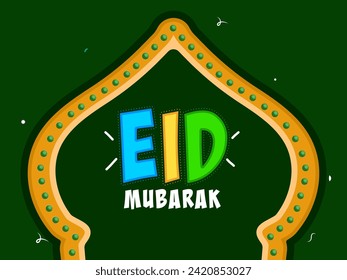 Farbige Eid-Mubarak-Schrift auf dem Marquee-Lichtbogen auf grünem Hintergrund für das Konzept der islamischen Festspiele.
