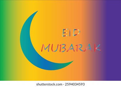 Colorful Eid Mubarak greeting with crescent moon.