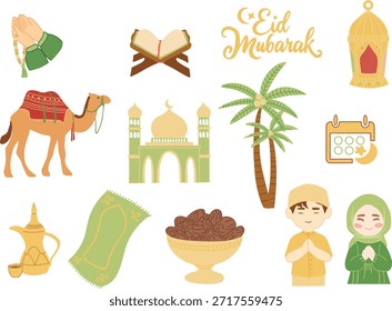 A colorful Eid Mubarak themed vector illustration set featuring Islamic and Middle Eastern cultural elements. The collection includes mosque architecture, Quran on a stand, lantern, prayer hands, dates, camel, palm tree, prayer rug, Arabic coffe pot, crescent moon calendar, and Muslim boy and girl greeting 