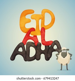 Colorful Eid-Ul-Adha Text with cartoon sheep for Islamic Festival of Sacrifice celebration.