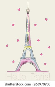 Colorful Eiffel tower with hearts vector hand drawn illustration