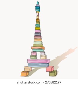 Colorful Eiffel tower with shopping box vector hand drawn illustration