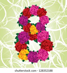 Colorful eight of roses (red, yellow, pink, purple) on a green background. Green leafs. For 8 march.