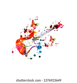 Colorful electric guitar with music notes isolated vector illustration design. Music background. Guitar poster with music notes, music festival poster, live concert events, party flyer