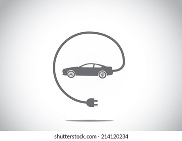 colorful electric hybrid car with charger plug connected concept icon symbol. dark colored car with cable charger plug from the car illustration art