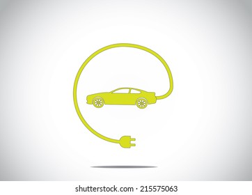 colorful electric hybrid car with charger plug connected concept icon symbol. green colored car with cable charger plug from the car illustration art
