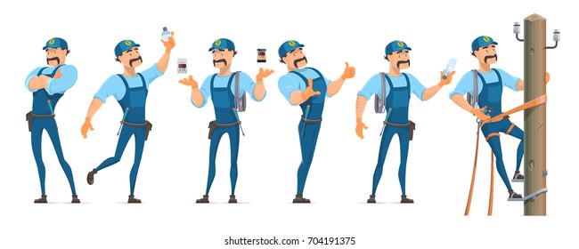 Colorful electrician characters set in different poses with professional equipment and master working on power pole isolated vector illustration