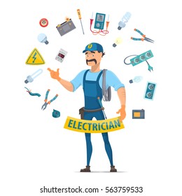 Colorful electricity elements concept with moustached electrician and professional electrical tools in circle shape isolated vector illustration