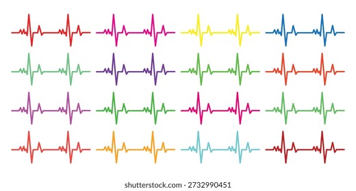 Colorful electrocardiogram lines arranged in a grid on white background heartbeat