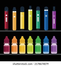 Colorful Electronic Cigarettes and liquid plastic bottle set. E-cigarette for vaping on black background