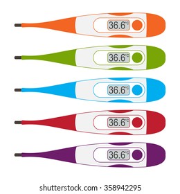 Colorful electronic thermometers.