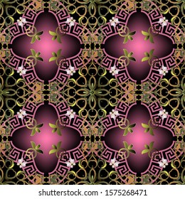 Colorful elegance floral vector seamless pattern. Greek ornamental glowing background. Beautiful vintage flowers, leaves. Greek key meanders.  Repeat ornate bright backdrop. Modern abstract ornaments.