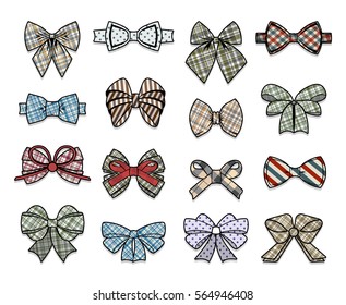 Colorful elegant bows collection of different shapes and texture on white background isolated vector illustration