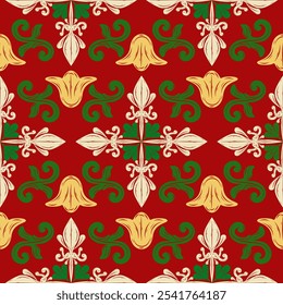 Colorful Elegant of Christmas Celebration Golden Bells jingle bell Gift Box Decoration. Xmas Pattern Seamless Vector for New Year Design. Delicate Red Yellow Beige Green In Luxury Rich Detailed Style.