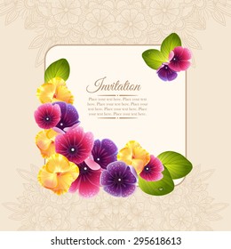 Colorful elegant frame of naturalistic flower wreath. Invitation card with pink and violet and yellow flowers.