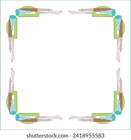 Colorful elegant ornamental frame with school objects, decorative border, corners. Isolated vector illustration.	