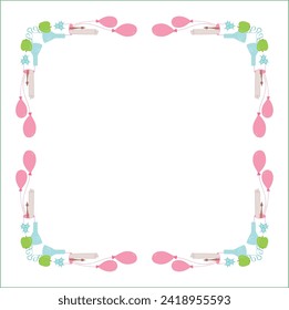 Colorful elegant ornamental frame with school objects, decorative border, corners. Isolated vector illustration.	