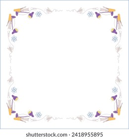 Colorful elegant ornamental frame with school objects, decorative border, corners. Isolated vector illustration.	