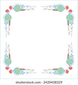 Colorful elegant ornamental frame with school objects, decorative border, corners. Isolated vector illustration.	