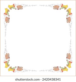 Colorful elegant ornamental frame with school objects, decorative border, corners. Isolated vector illustration.	