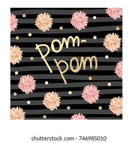 colorful elegant pom-pom print with dots on black striped background