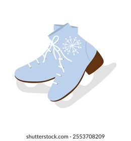 Colorful elegant women's pair of skates. Figure skating blue boots, laced shoes with blade. Skaters footwear for winter rink sport. Flat vector illustration isolated on white background.