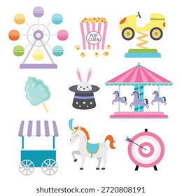 colorful elements for circus and attraction, cartoon set carnival objects isolated on white background