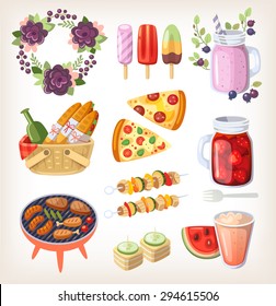 Colorful elements and food for recreation at hot summer day and evening