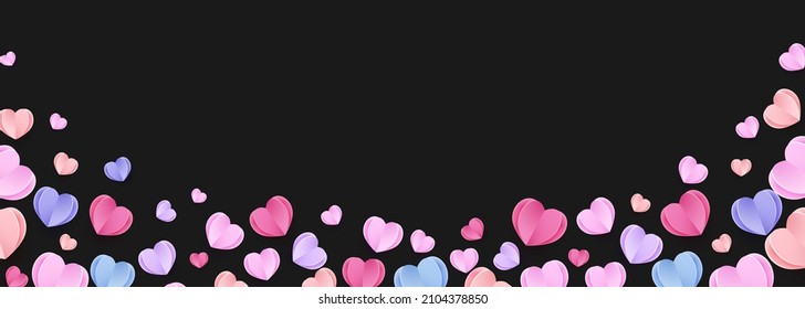 Colorful elements in shape of heart isolated on black background. Paper cut decorations design for Happy Women's, Mother's, Valentine's Day, wedding, birthday and greeting card
