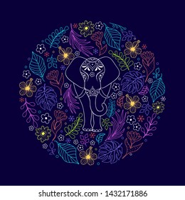 Colorful elephant and tropical flowers on dark background