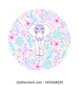Colorful elephant and tropical flowers on white background