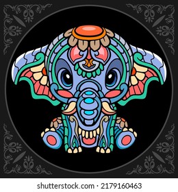 Colorful elephant zentangle arts isolated on black background