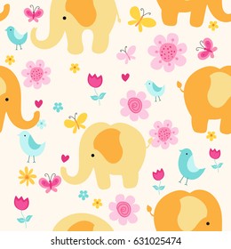 Colorful elephants , flowers, butterflies and birds spring background