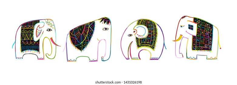 Colorful elephants, sketch for your design